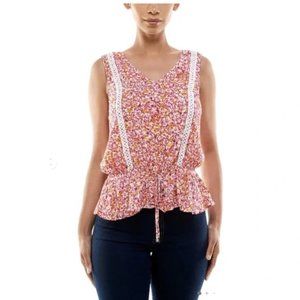 ADRIENNE VITTADENI | Pink Floral Sleeveless Elastic Tied Waist V-Neck | Size XL